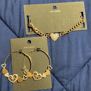 Gold Tone Choker With Diamond Accent Heart Set